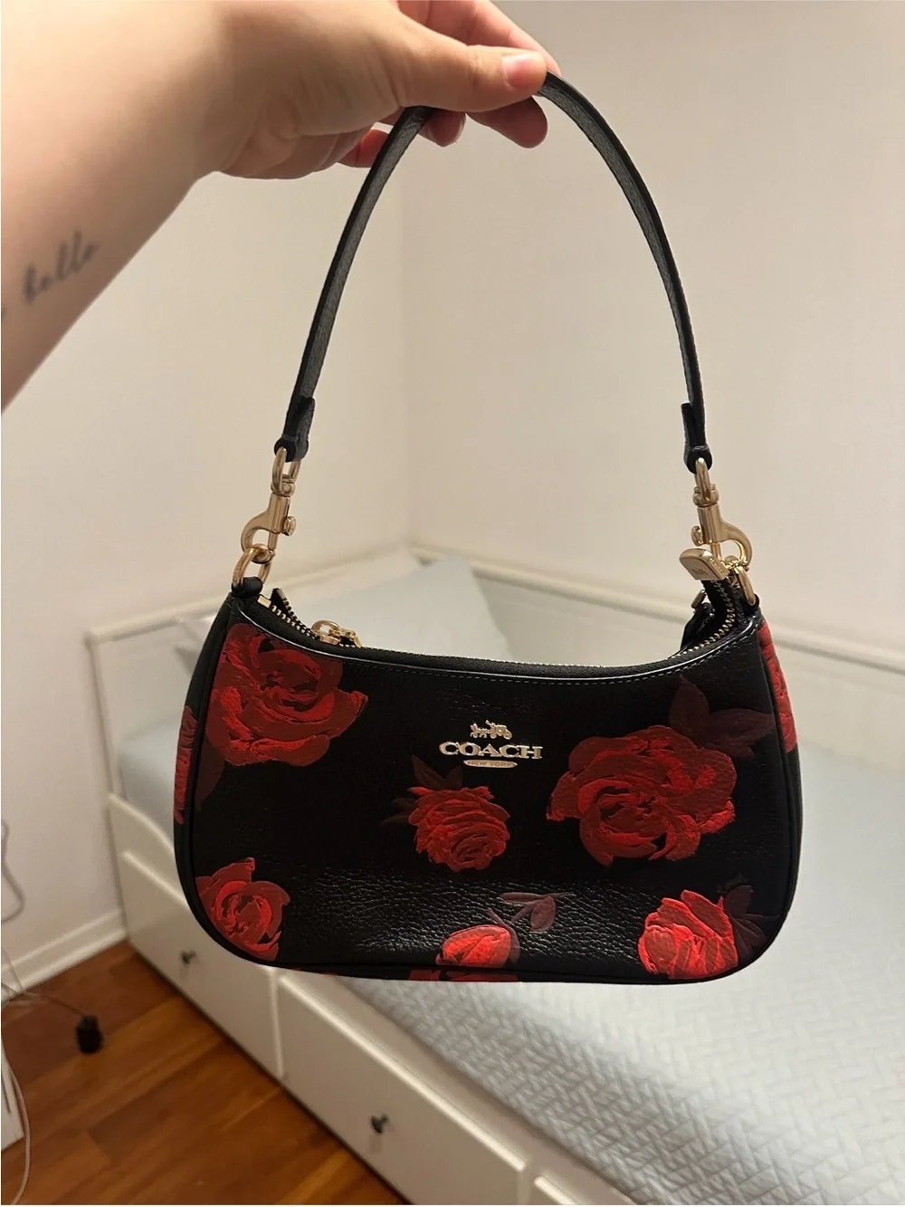 Coach Black Leather Shoulder Bag with Red Rose Motif